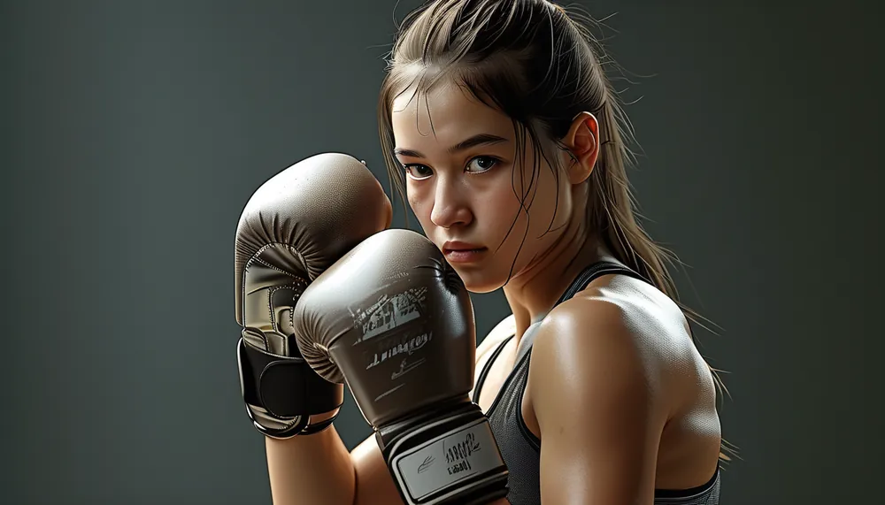 Woman practicing a basic boxing jab with gloves