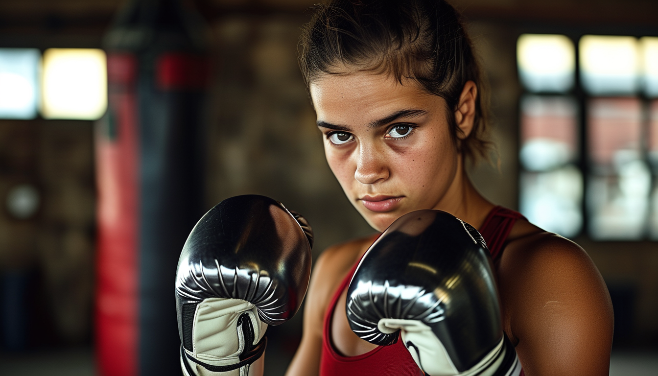 Woman in a boxing stance with wraps and gloves